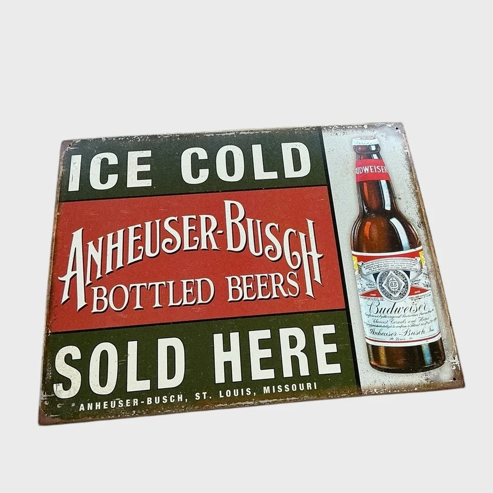 Vintage Budweiser Ice Cold Bottled Beer Metal Tin Sign Anheuser-Busch Bar Decor